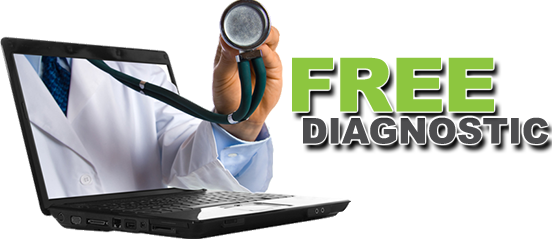 laptop with a stethoscope and the words 'Free Diagnostic' next to it.